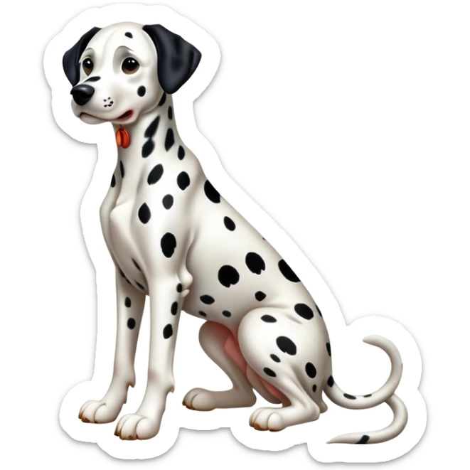 cinematic-[dalmatian dog]-realistic-full-body-sitting-emoji,-tail-resting-loosely-beside-its-paws,-head-tilted-dramatically,-sleek-[spotted]-fur,-simplified-yet-realistic-focused-features,-highly-detailed,-glowing-with-an-almost-sarcastic-glow sticker