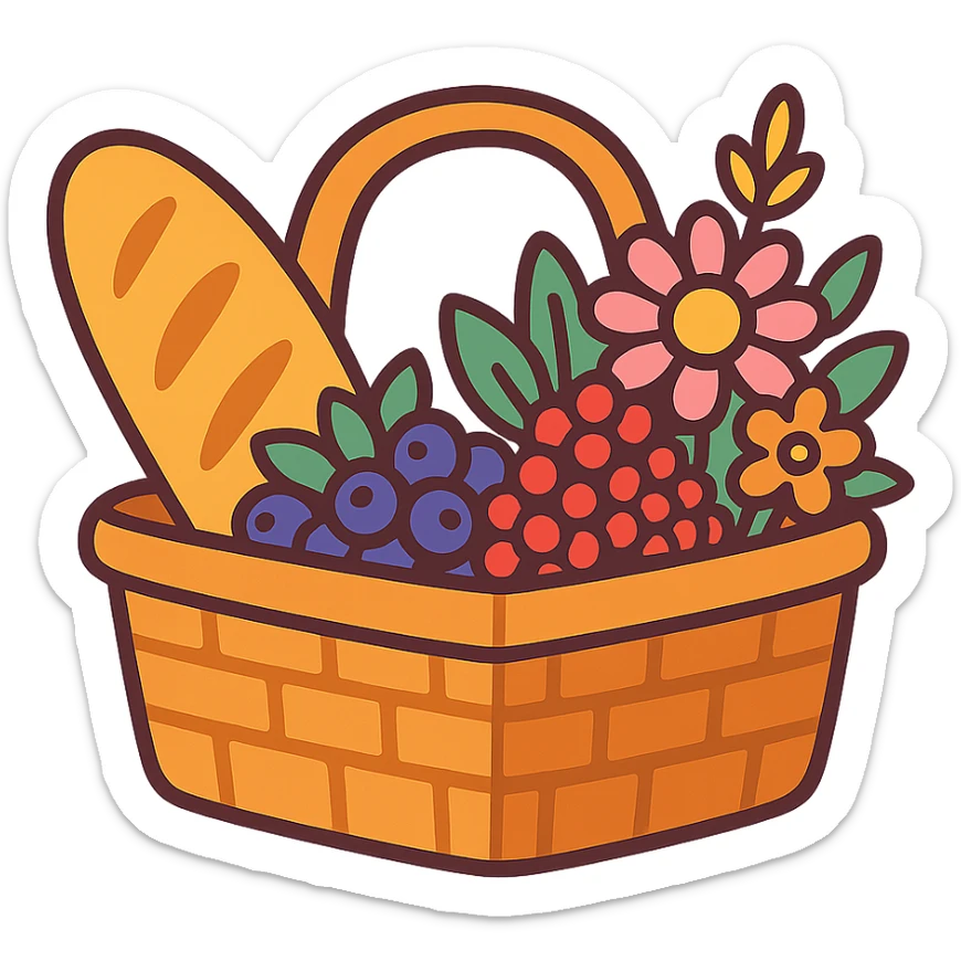 picnic basket with berries, bread, and flowers in warm pastel shades, vibrant-toon style sticker