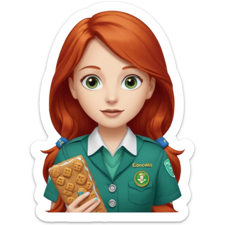 white girl scout with red long hair selling cookie at Wendy’s big sticker