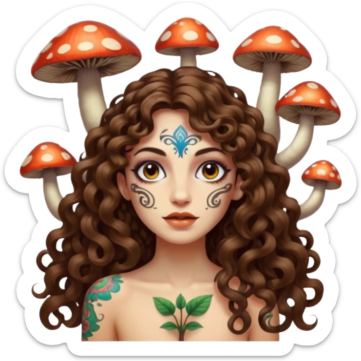 woman with long curly brown hair, brown eyes, white skin, tattoos, psychedelic mushrooms growing from her shadow sticker