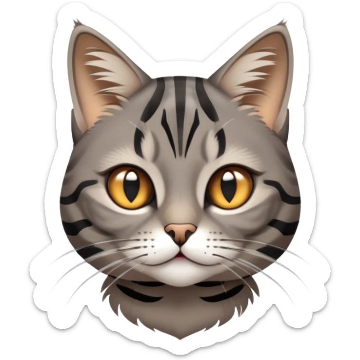 cinematic-cute-grey-and-black-brown-tabby-cat-portrait-emoji,-head-tilted-playfully-and-inquisitively,-sleek-grey-brown-fur-with-bold-black-tabby-stripes-and-a-distinctive-m-shaped-marking-on-the-forehead,-sparkling-amber-eyes,-simplified sticker