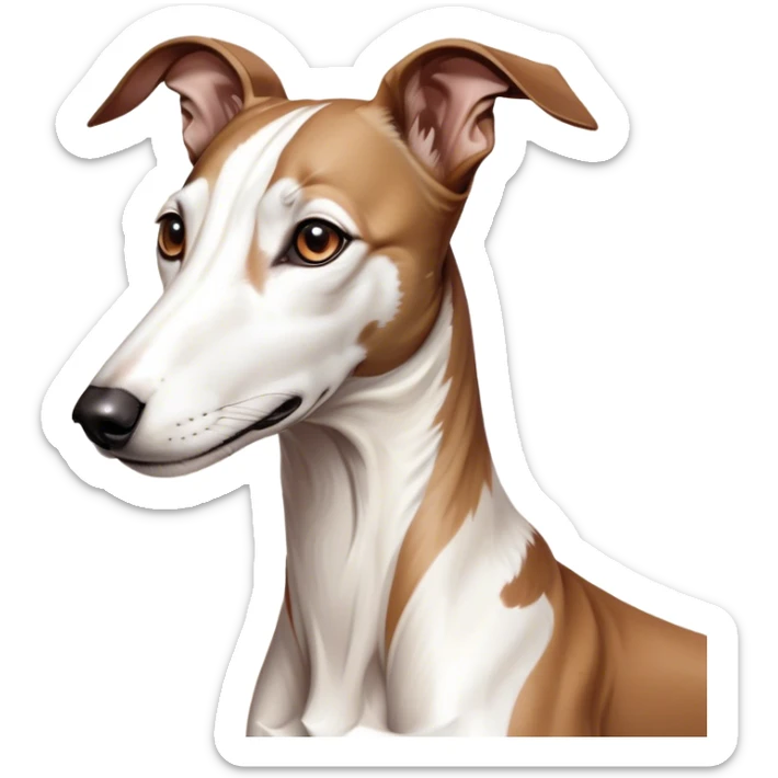 Cinematic Noble White and Brown Greyhound Portrait Emoji, Poised and regal, with a slender, aerodynamic build and a sleek Fur of pristine white accented by warm brown markings, deep-set soulful eyes, Simplified yet sharp and sophisticated features, highly detailed, glowing with a soft, dignified glow, high shine, intelligent and agile, stylized with an air of elegance, focused and attentive, soft glowing outline, capturing the essence of a watchful and swift companion, so majestic it feels as though it could dash out of the screen with effortless authority! sticker