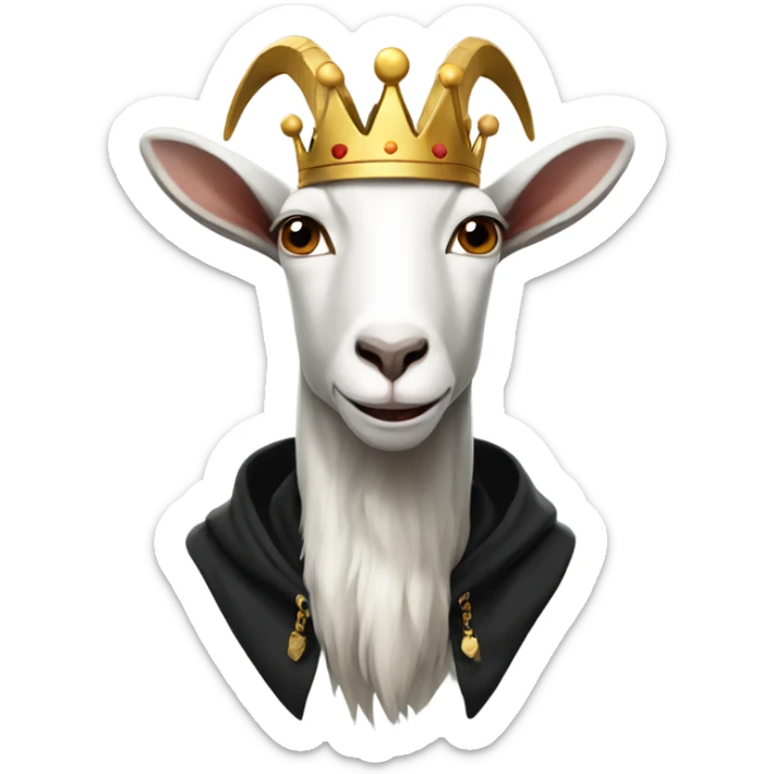 Goat with horns wearing a black hoodie and big royal crown sticker