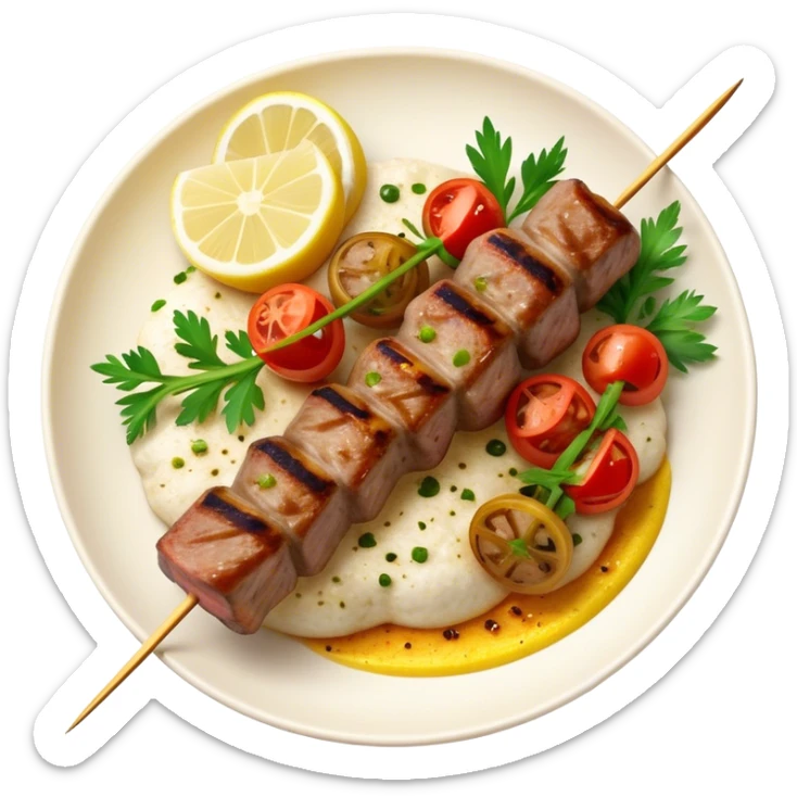 Cinematic Realistic Souvlaki Dish Emoji, showcasing skewered, grilled meat with Mediterranean spices rendered with dynamic textures and warm, appetizing lighting. sticker