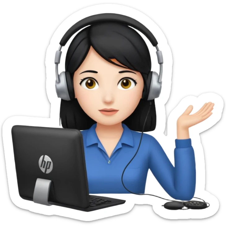 A girl is in front of an HP computer, holding it to her head, and her hair is black. sticker