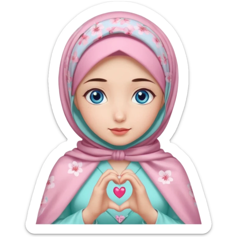 Turkish beautiful finish Konya girl blue eyes with mini cherry blossom hijab and lila mint pink dress and she make heart with hands sticker