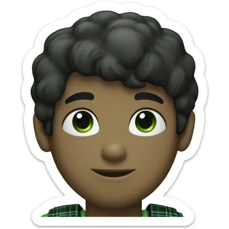 A light boy with black hair wearing a white T-shirt with a black plaid shirt over it with green eyes sticker