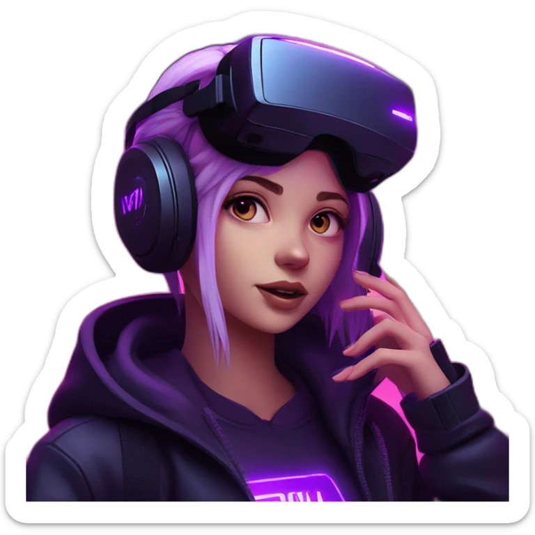 Russian girl wearing a black hoodie with "OMG" letters on it and VR headset in a cyberpunk VR environment with violet neon lighting. sticker