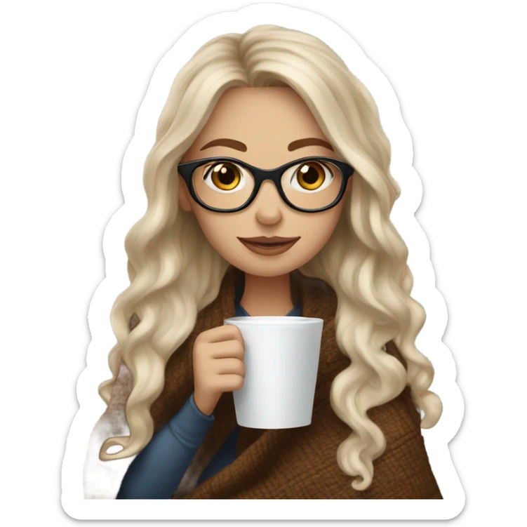 Balayage hair Girl drinking coffee, with a cozy blanket wearing glasses with blue eyes  sticker