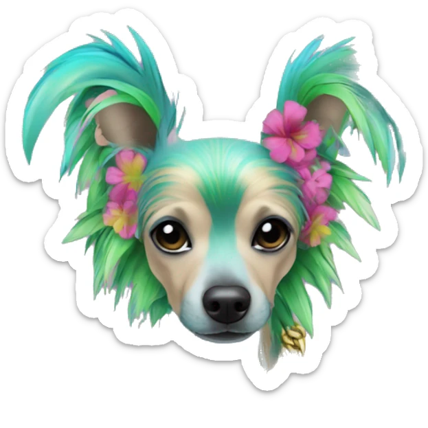 Punk tropical palm leaves flowers Chinese crested dog neon rainbow cyan blue lime green pink hair gold chain punk piercings tattoos punk ear piercings sticker