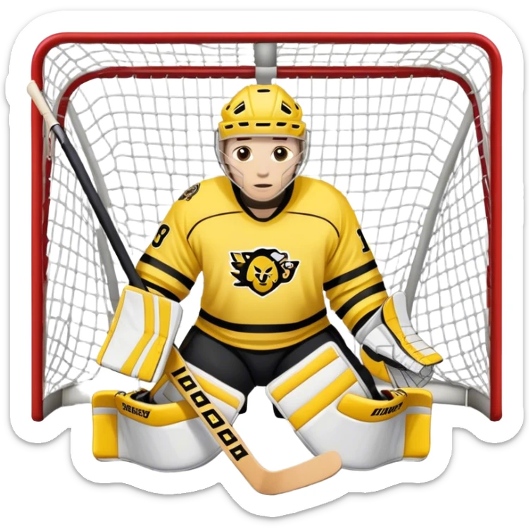 moji of a hockey goalie in yellow and black gear, standing in front of the net, with a team in matching uniforms holding sticks sticker