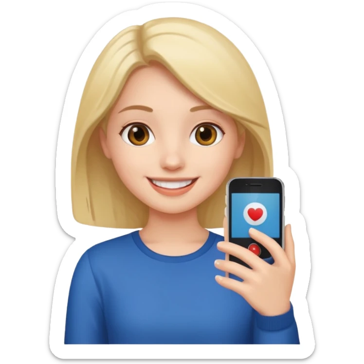 girl with a smartphone in her hand, recording a video, smiling, simple and bold sticker