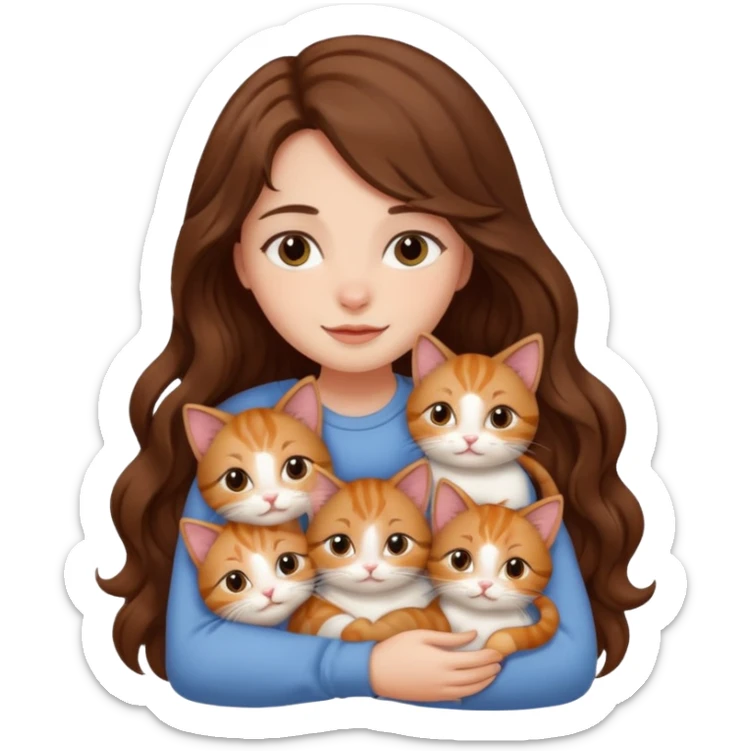 girl with long wavy brown hair cuddling with 6 cute cats sticker