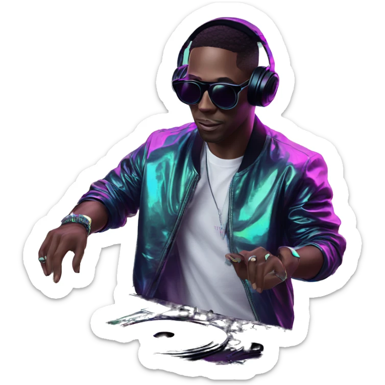 A dj wearing sunglasses playing music holding a cd record record, vinyl, oilslick holographic blacklight inverted graffiti dark dull sticker