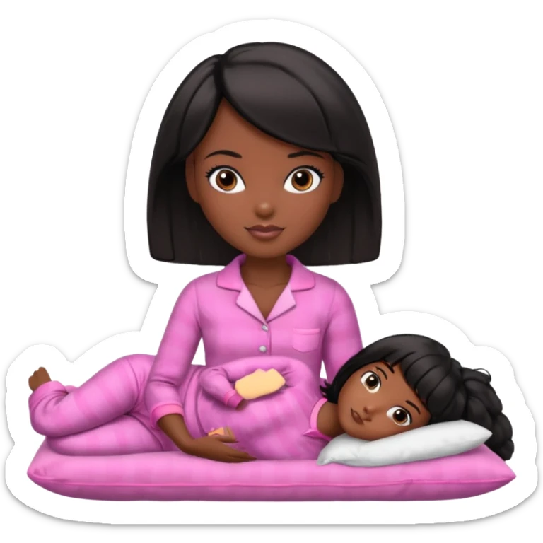 Dark skin Black barbie, short  black bob  hair, pink pajamas laying on pillow  sticker