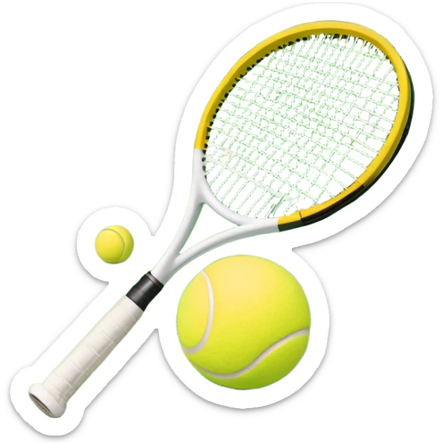 A tennis racket with a bright yellow tennis ball resting on it, set against the backdrop of a well-maintained tennis court. The scene emphasizes the smooth lines of the court and the focus on the ball and racket, symbolizing the elegance and precision of the sport sticker