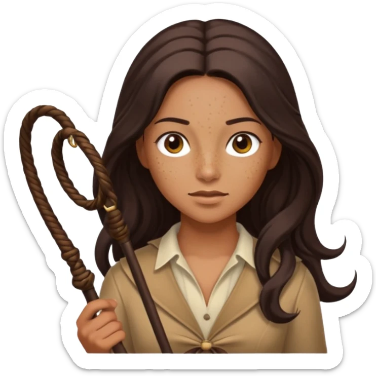 Tan skin with freckles, long dark hair, hazel eyes Dominatrix with whip sticker