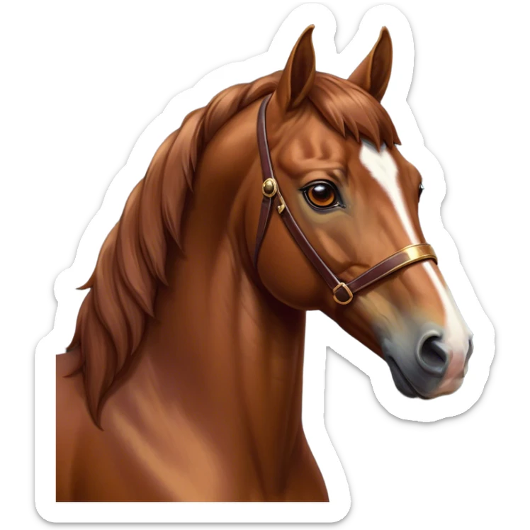 Cinematic Noble Chestnut Horse Portrait Emoji, Poised and regal, with a strong, athletic build and a lustrous, well-groomed chestnut fur, deep-set soulful amber eyes, Simplified yet sharp and sophisticated features, highly detailed, glowing with a warm, dignified glow, high shine, intelligent and majestic, stylized with an air of equine elegance, focused and attentive, soft glowing outline, capturing the essence of a watchful and confident steed, so majestic it feels as though it could gallop out of the screen with effortless authority! sticker