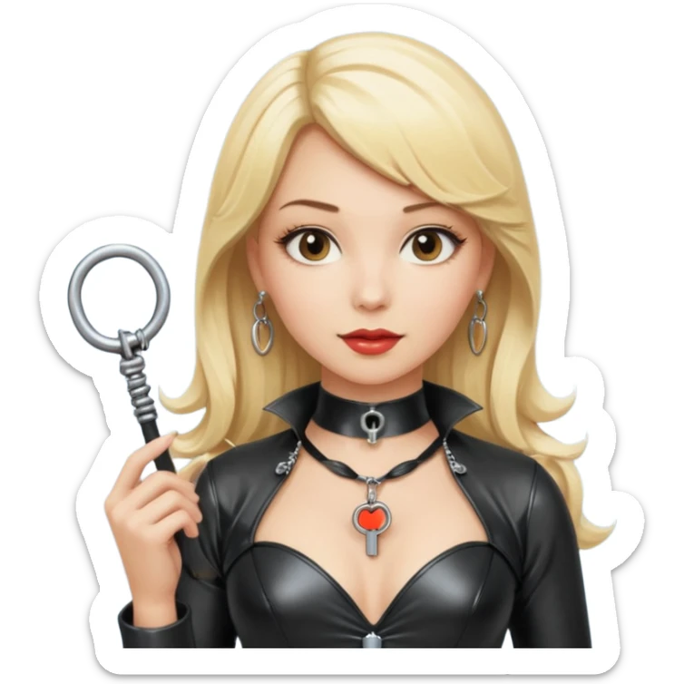 Dominatrix with blonde hair, latex outfit, old fashioned key necklace, and a whip sticker