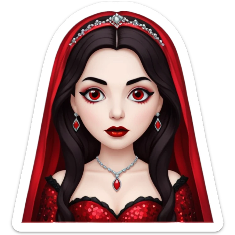 Bride of Dracula with long dark brown hair, red sequin outfit sticker