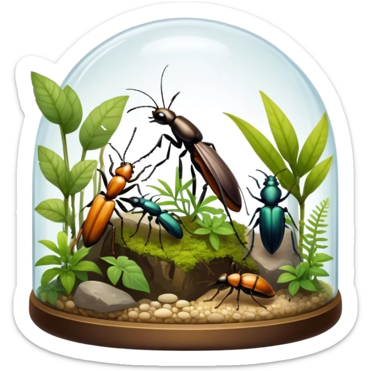 Close-up of home insects inside a terrarium, showcasing beetles, praying mantises and other exotic species in vivid detail, with natural textures of the terrarium. Soft lighting highlights their features. Transparent background. sticker