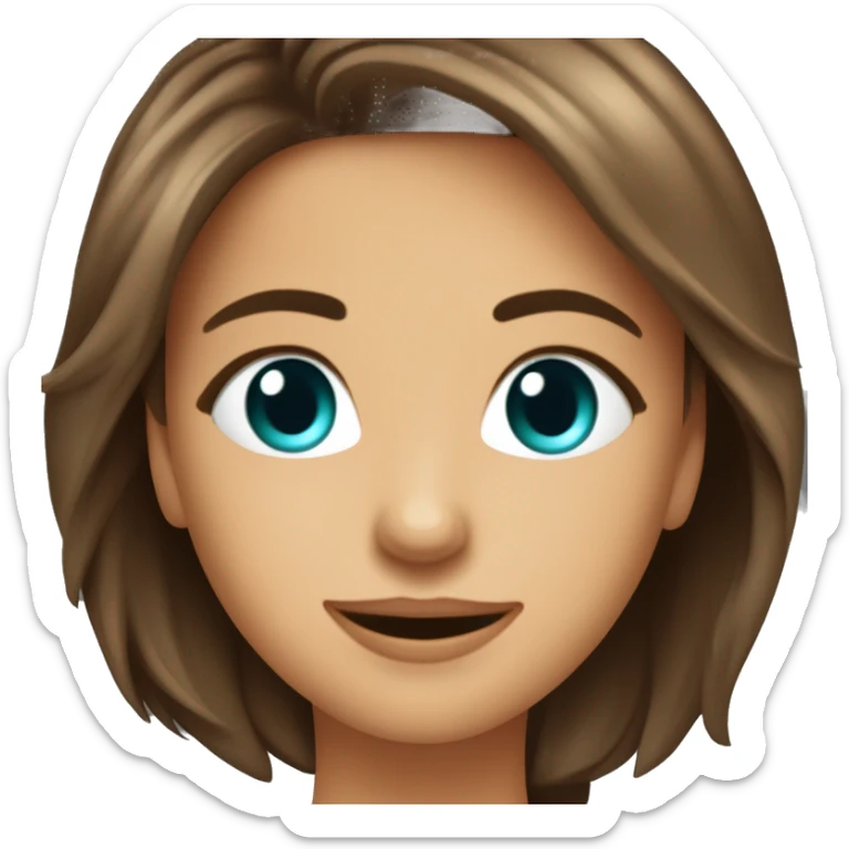 Une charmante dame avec des cheveux bruns legerement boucles jusqu'au epaules, des yeux verts, un regard timide, un beau sourire, et un masque medical bleu sur le visage sticker