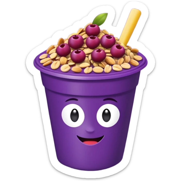 acai bowl in a purple plastic cup, minimal, purple cup, fruit on top, emoji style sticker