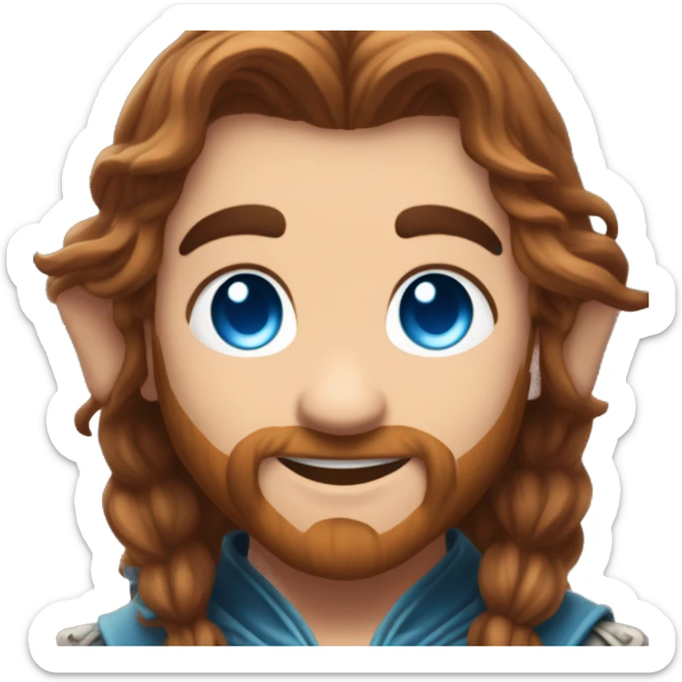 Ple Dwarf with elven ars and glowing blue eyes with long pretty brown hair, smiling and happy with cute hearts around him sticker