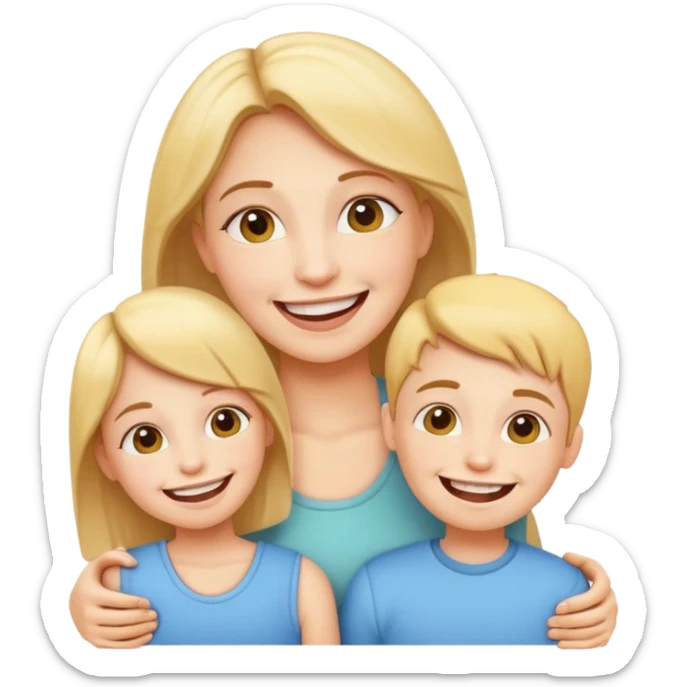 a happy mother with her children, all showing their braces, cheerful emoji style sticker
