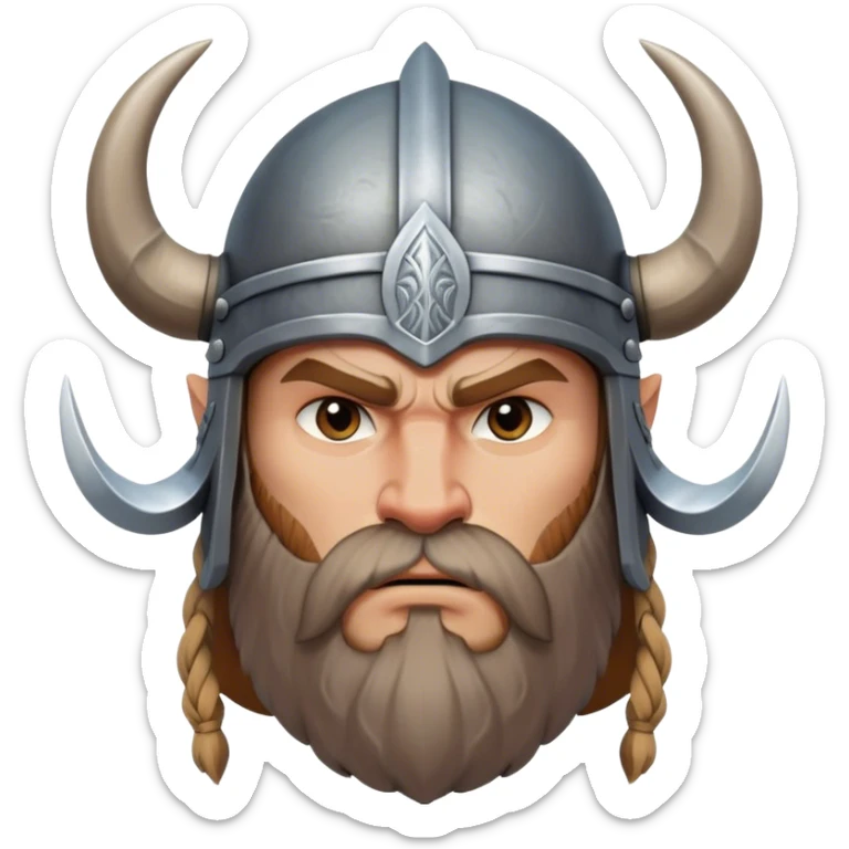 Clash of Clans aesthetic: Cinematic Fierce Viking Portrait Emoji, Poised and bold with a rugged yet stylized build, wearing a simple horned helmet and sporting a neatly trimmed beard, his face rendered in a natural skin tone, intense eyes reflecting fierce determination, Simplified yet dynamic features, highly detailed, glowing with a cool, battle-ready radiance, high shine, brave and resolute, stylized with an air of ancient Nordic valor, focused and commanding, soft glowing outline, capturing the essence of a fearless Viking adventurer ready to set sail on epic quests! sticker