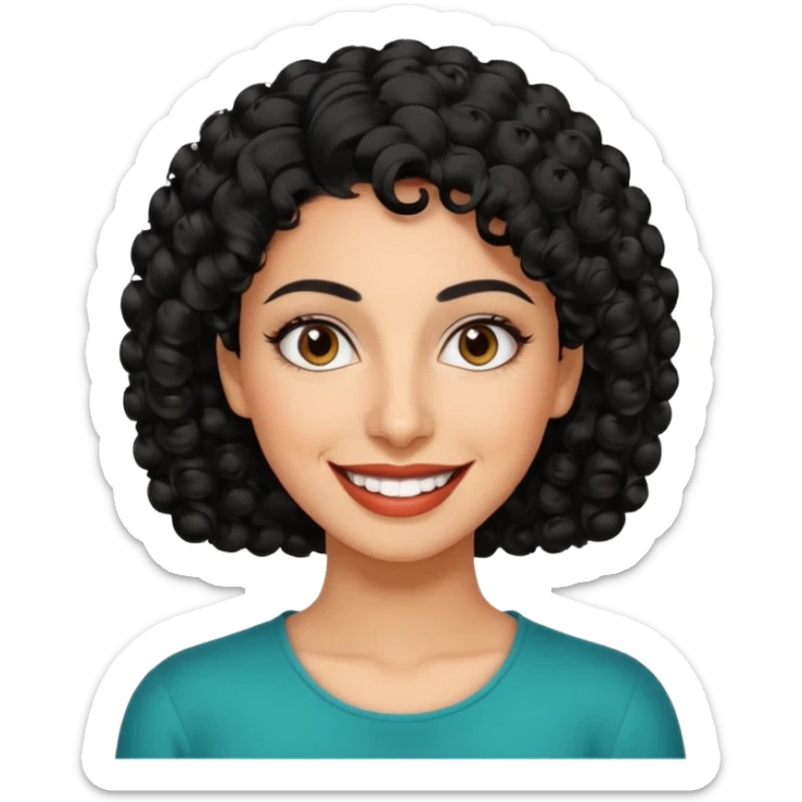 30 year old iranian woman very short curly black hair, big brown eyes, tanned skin, big smile, white teeth, pretty, stylish, shorter hair sticker