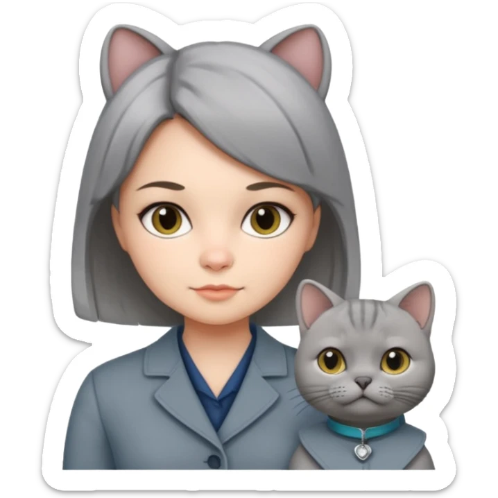 Girl-psychologist, medicine lover wearing stylish cloth with grey British shorthair chinchilla sticker