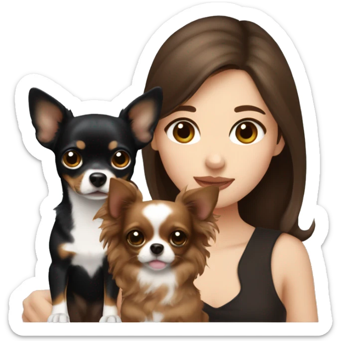 Pretty girl with long wavy brown hair, blue eyes, holding a black and brown short hair chihuahua sticker