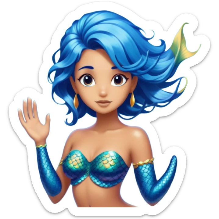 Cinematic Realistic Blue Hair Mermaid Portrait, depicted with lifelike, sun-kissed tanned skin that exudes a warm, radiant glow under gentle underwater lighting. Her intricately detailed, flowing blue hair cascades like a waterfall of ocean hues, framing deep, mesmerizing eyes that capture the vibrant spirit of the sea. Adorned with a shimmering tail and delicate tropical accents, the portrait features an enchanting underwater glow that blends realism with mythic coastal allure. sticker
