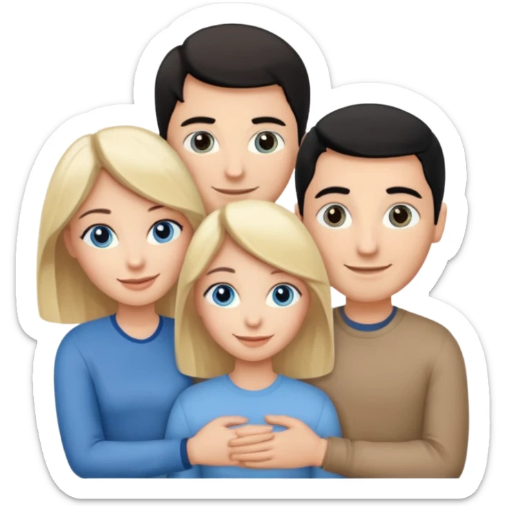 3 people. Throuple. Blank woman with blond hair and blue eye color on left. And also a blank man with black hair and grey eye color in the middle. And a blank woman with brown hair and grey eye color on the right. Holding each other sticker