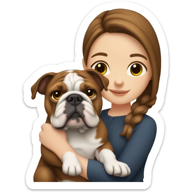 White girl with brown hair holding English bulldog sticker