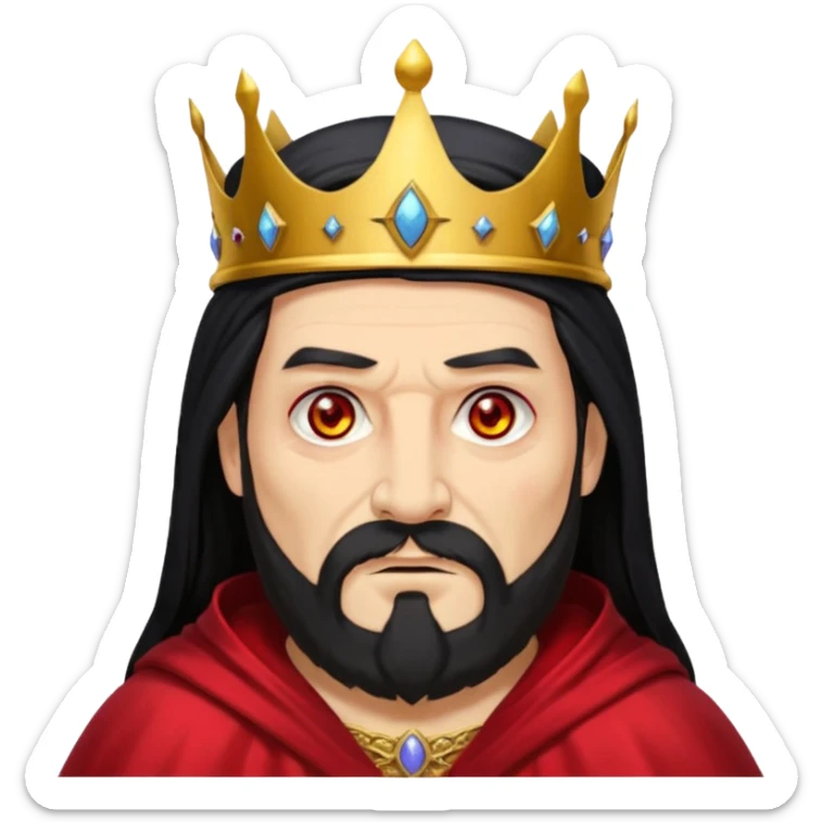 


an old king with yellow skin, red eyes, 60 years old, black hair, black beard, wearing a crown, red robe, fierce face, baron/lord vibe, longer hair cover the face, add scar
 sticker