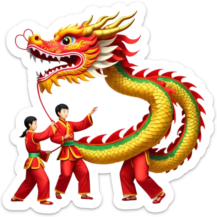 Cinematic Realistic scene of a traditional Chinese Dragon Dance featuring a team of performers skillfully manipulating a colossal, flexible dragon puppet, its intricately detailed, vibrant scales and flowing, embroidered fabric catching the light, set against a festive backdrop of red lanterns and dynamic red-tinged lighting that accentuates the majestic presence of the dragon puppet. sticker