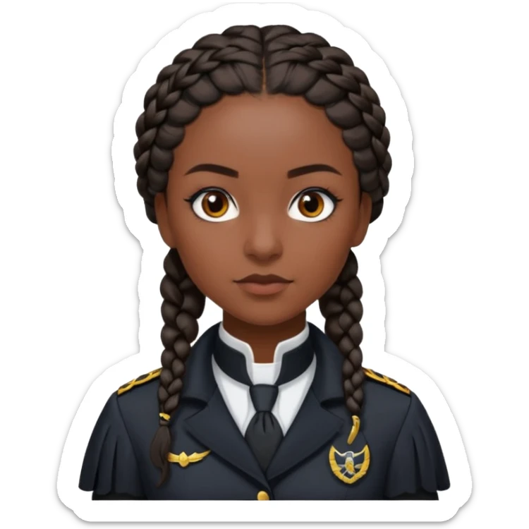 Create a realistic portrait of Bianca Barclay with dark braided hair, Nevermore uniform & confident gaze. sticker