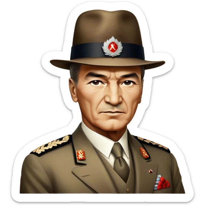 Mustafa Kemal Atatürk (statesman) in traditional hat – Cinematic Realistic Portrait of Mustafa Kemal Atatürk, depicted in dignified traditional attire with a distinctive hat, a resolute and visionary expression illuminated by warm, historic lighting, rendered with rich textures that evoke his transformative leadership. sticker
