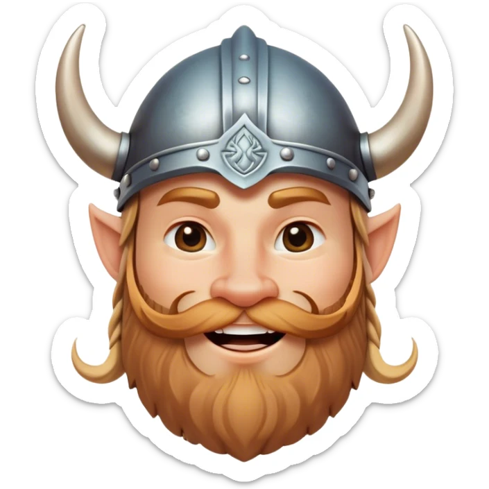 Clash of Clans aesthetic: Cinematic Playful Viking Portrait Emoji, Head tilted with a cheeky grin and twinkling eyes, featuring a compact, charming build with a modest, stylized Viking helmet and a playful beard, his face rendered in natural skin tone, Simplified yet irresistibly charming features, highly detailed, glowing with a warm, inviting radiance, high shine, spirited and lively, stylized with an air of whimsical Nordic mischief, soft glowing outline, capturing the essence of a playful Viking exuding friendly rogue charm! sticker
