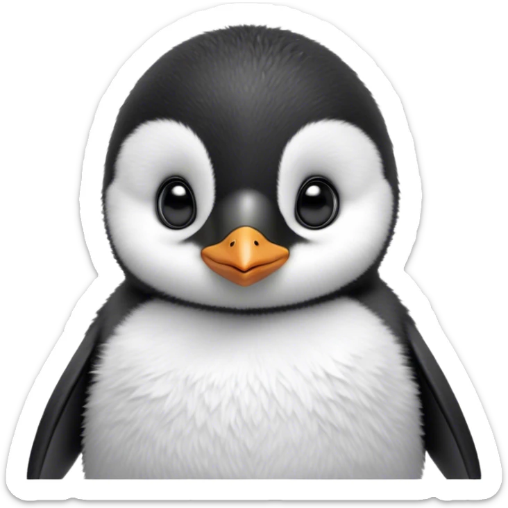 Cinematic Noble Baby Penguin Portrait Emoji, Poised with an air of innocent regality, featuring soft, downy feathers in crisp black and white and wide, soulful eyes, Simplified yet sharp and sophisticated features, highly detailed, glowing with a gentle, dignified polar glow, high shine, intelligent and charming, stylized with an air of cherubic majesty, focused and attentive, soft glowing outline, capturing the essence of a tiny arctic noble that feels as though it could waddle out of the screen with effortless authority! sticker