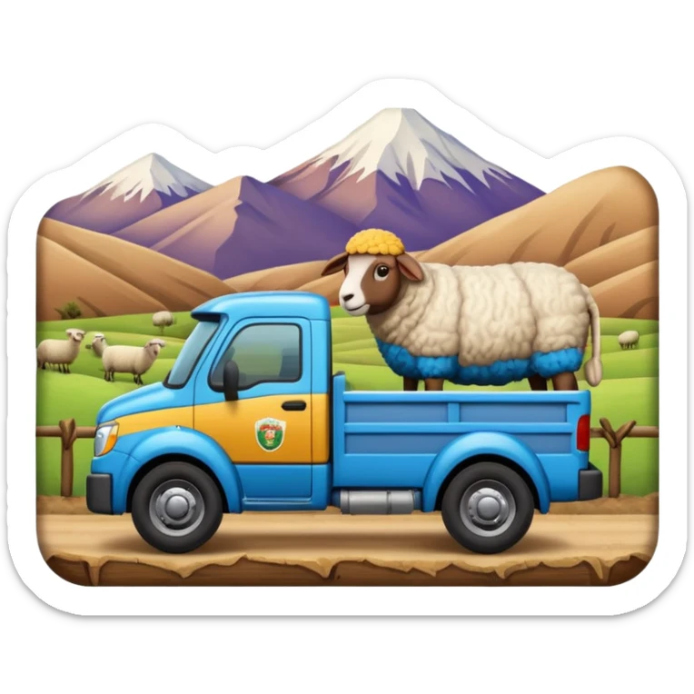 3D emoji of a Peruvian truck transporting sheep in the back, wooden cargo bed, Andes mountain landscape, dusty countryside road, glossy finish, bold outlines, vibrant natural colors, sticker design, transparent background sticker