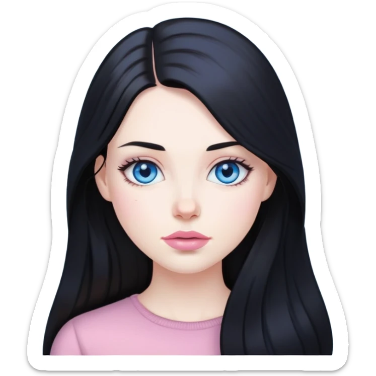 White girl with long black hair pale skin, blue eyes, light pink lips sticker