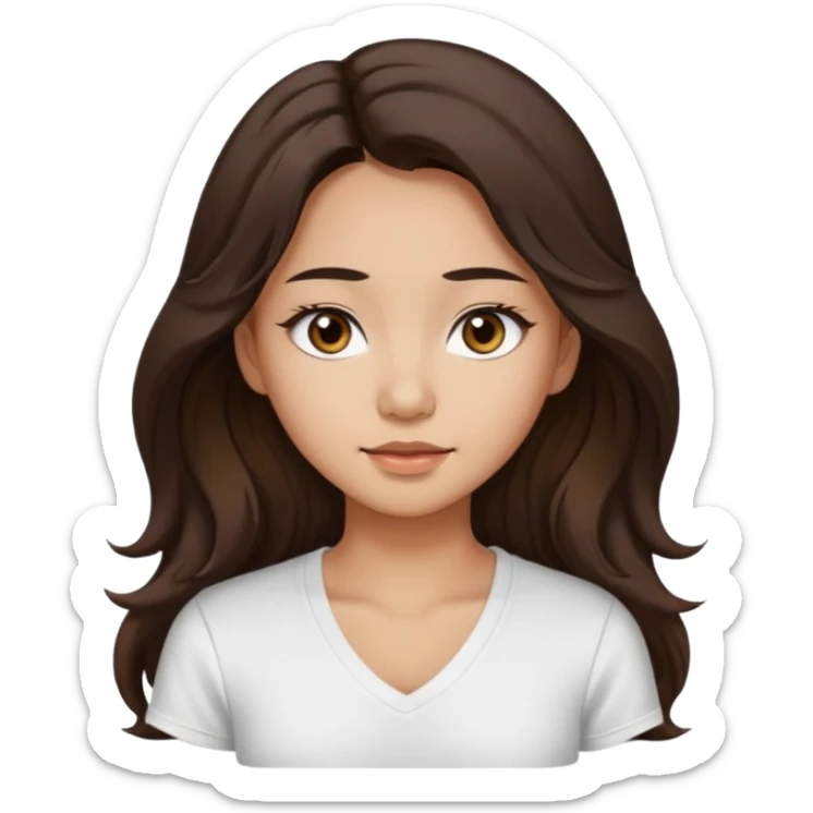 iOS style emoji. A girl with very long dark brown wavy hair. And the eyes color is dark brown. And she is wearing white t shirt with V kneck. And she is 30. She is Asian with double eyelids  sticker