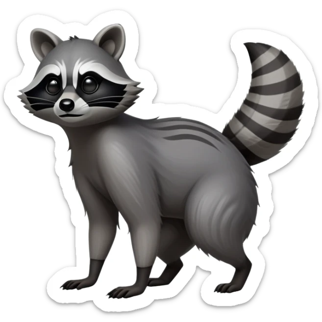 Cinematic-Raccoon-Realistic-Full-Body-Standingon all fours-Emoji – Tail flicking lazily, head tilted dramatically, thick grey fur with a signature black mask, sharp and alert ears, simplified yet realistic focused features, highly detailed, glowing with an almost sarcastic glow. sticker