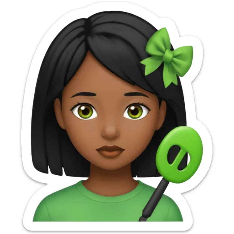 black girl with black hair and green color hairclip sticker