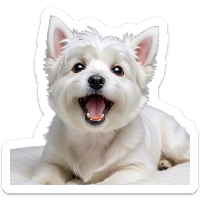 Cinematic Cute Yawning West Highland White Terrier Portrait Emoji, Head tilted slightly with a dramatic, wide-open yawn, showcasing a soft, fluffy white coat with floppy ears slightly drooping and round dark eyes barely open in drowsy contentment, Simplified yet irresistibly adorable features, highly detailed, glowing with a soft, cozy glow, high shine, relaxed yet expressive, stylized with a touch of whimsy, bright and endearing, soft glowing outline, capturing the essence of a sleepy yet affectionate companion, so drowsy it feels like it could stretch out of the screen and curl up for a nap! sticker