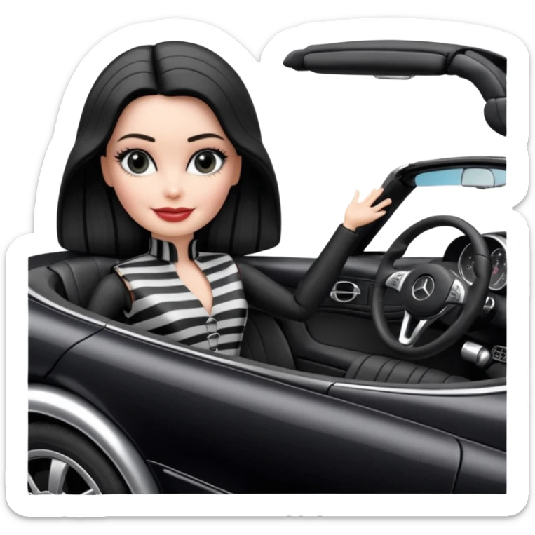 Darth Vader Barbie, 1910 teen Morticia Addams from academy, in dark-gray and black striped outfit. Smiling Driving Mercedes convertible sports car. Pale-white porcelain skin.  sticker