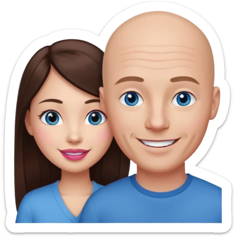 Bald white man blue eyes in love with Filipina woman with long hair dark brown eyes and pink lips smiling sticker